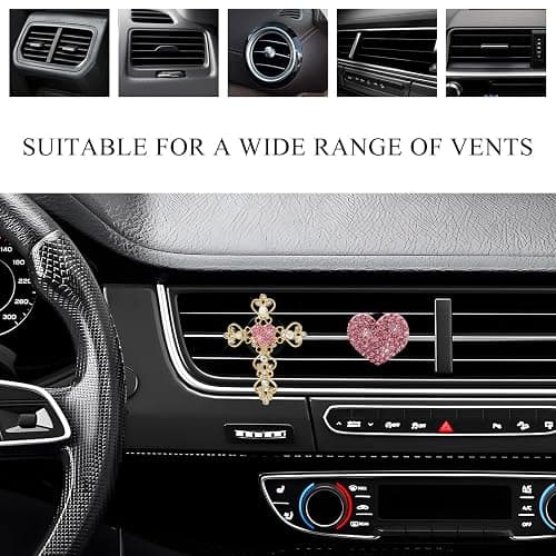SHMZK 2 PCS Bling Car Vent Clip, Crystal Rhinestone Cross and Heart Car Air Fresheners Vent Clips, Diamond Car Air Conditioner Outlet Decoration Charm for Women, Car Accessories (Pink) thumbnail 3