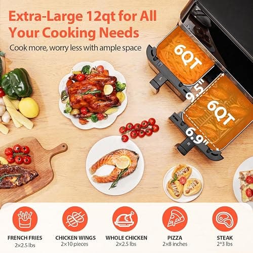 12QT Large Dual Air Fryer, 10-in-1 Double Zone Airfryer with 2×6QT Baskets, 60° Easy-Panel with Full Touchscreen, SyncCook Function, Viewing Window, Nonstick & Dishwasher Safe, 2 Dishes at Once, Black thumbnail 6
