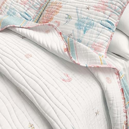 Great Bay Home 3-Piece Full/Queen Microfiber Quilt Set with Shams - Reversible Coastal Print, Lightweight, Layerable Bedding Set - Nautical Bedspread for All Seasons (Coral Reef) - Full / Queen - Coral Reef thumbnail 6