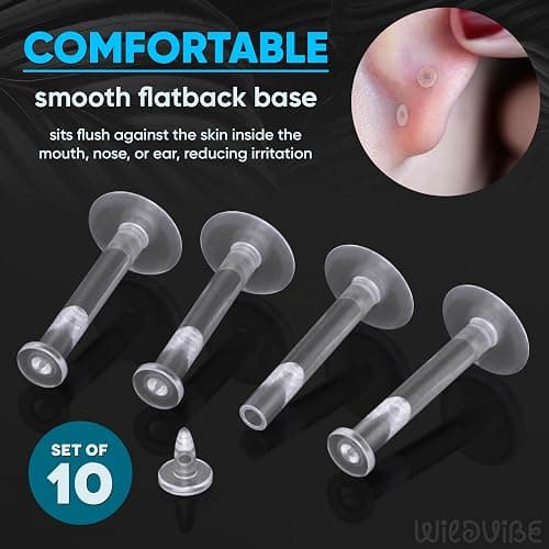 WildVibe 16g Clear Earrings for Sports, Work, Surgery - Bioflex Labret Clear Piercing Retainers 10pc Set - Plastic Clear Piercings Stud Earrings for Cartilage Helix Tragus Lip Medusa Monroe (6mm, 8mm, 10mm, 12mm) thumbnail 3