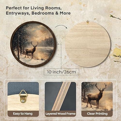 VONTP Vintage Moody Farmhouse Deer Wall Art Decor, Rustic Winter Forest Deer Landscape Wooden Wall Hanging Decor for Home Bedroom Living Room Cabin, 9.8x9.8 Inch thumbnail 4