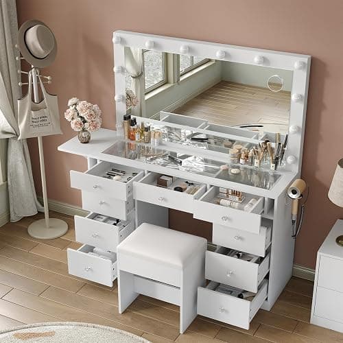 Yanosaku Vanity Desk & Power Outle, Makeup Vanity with Mirror and 12 LED Lights, 9 Drawers Makeup Table with Fold-up Panel, Vanity Set 3 Lighting Modes Brightness Adjustable (White) thumbnail 4