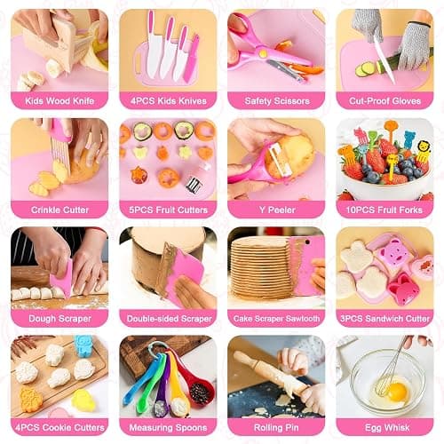 Kids Knife Set for Real Cooking: 48PCS Kids Kitchen Set, Kids Cooking Sets Real with Apron＆Basket, Kid Kitchen Accessories, Toddler Baking Kitchen Tools, Montessori Toys for 3+ Year Old Birthday Gifts thumbnail 3
