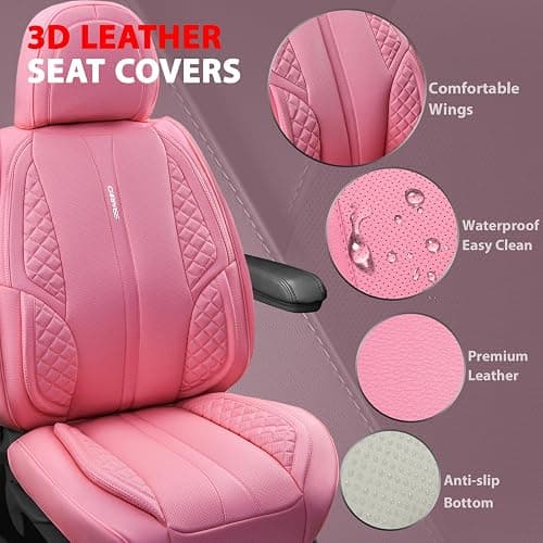 CAR PASS Nappa Pink PU Leather Car Seat Covers Full Set Cute for Women Waterproof Cushioned,Universal Fit for Sedan SUV Pick-up Truck,Automotive, Anti-Slip Front and Backseat Luxury Premium (Pink) thumbnail 2
