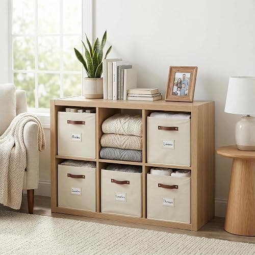 DECOMOMO Cube Storage Bin, Storage Cubes with Labels | 10.5" x 11" Cube, Baskets for Shelves, Kallax Linen Closet Organizers (6pcs, Beige) thumbnail 2