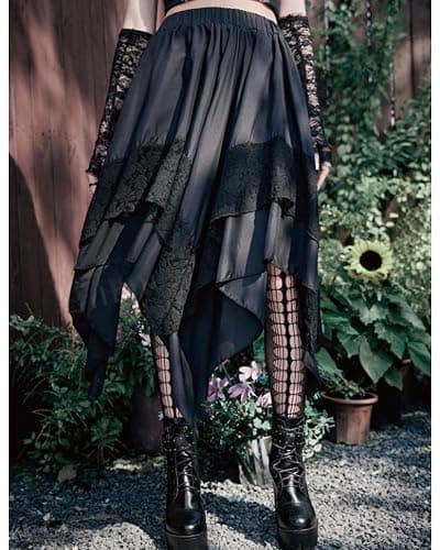 MATSUMIZUYU Flowy Gothic Punk Y2K Lace Midi Skirts for Women Medieval Steampunk Goth Layered Asymmetrical A-Line Skirt thumbnail 5