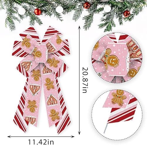 ABTOLS Large Christmas Bows for Wreath, Red Pink White Stripe Wreath Bows Christmas Gingerbread Bows for Front Door, Pink Xmas Decor Burlap Ornament Tree Topper Bows for Christmas Indoor Outdoor Decor thumbnail 3