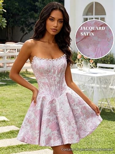 WuQiguja Jacquard Satin Homecoming Dresses Short Floral Prom Dresses | Embroidered Satin, Strapless, Pearls, A-Line, Corset Mini Dress, Graduation Dress, HOCO Dresses for Teens,Wedding Guest Dress thumbnail 4