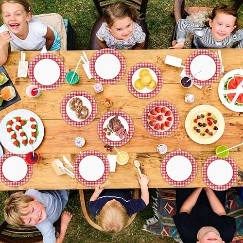 Naozinebi 100pcs 7inch Red and White Plates Checkered Plaid Tableware Baby Shower Red Dessert Disposable paper Dinnerware for Picnic Barbecue Baby Shower Birthday Party Decorations thumbnail 6