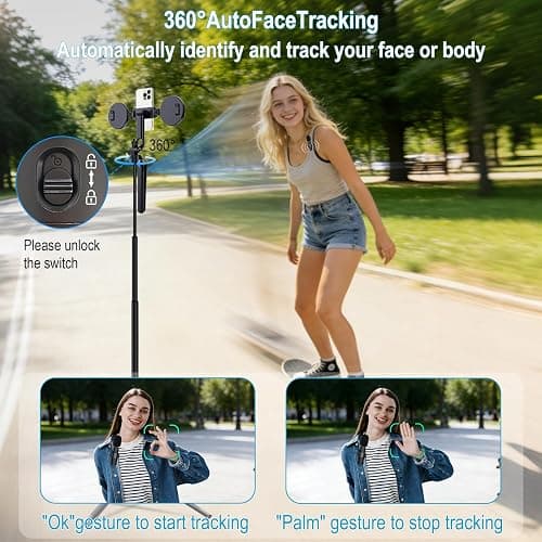 71" Content Creator Essentials Vlogging Kit - 2 Lights & 2 Mics, 360° Rotating Auto Face Tracking Tripod for iPhone/Android/Camera with Wireless Remote, No App for Vlog, Live, Video Record thumbnail 2