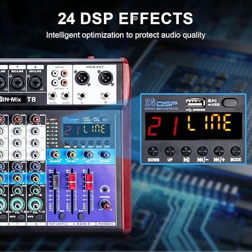 W IN-MIX Professional 8 Channel Mixer with Bluetooth, USB Recording, 48V Phantom Power & 24 DSP Effects – Studio & Live Console for DJ, Streaming and Karaoke thumbnail 5