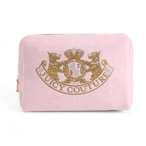 Juicy Couture Pink Makeup Bag Cosmetics Organizer Travel Essentials Zip Top Wedge Gold Terroir Dog Rhinestone Crown Velour - Image 1