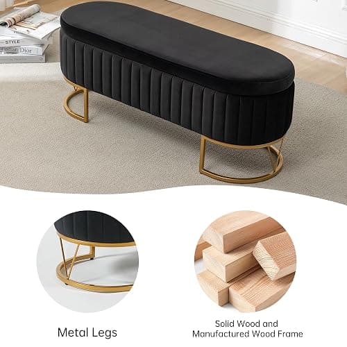 DRKAT Storage Bench Bedroom Bench, Velvet Oval Upholstered End of Bed Bench with Golden Metal Legs, 46” Modern Storage Ottoman Bench for Bedroom, Living Room, Entryway, Window, Black - Black - No button tufted thumbnail 4