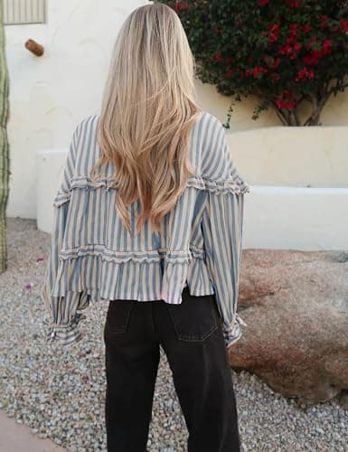 Tanming Womens Striped Button Down Shirts Ruffled Long Sleeve Stand Collar Shirt Dressy Casual Blouse Tops thumbnail 3
