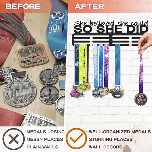 Medals Hanger Display Holder Rack 13.8 inches She Believed She Could Wall Mount Steel Frame Over 60 Medals-Sports Medal Hangers Racks Bib Ribbon with Easy Hanging Bars Black 3 Lines thumbnail 3