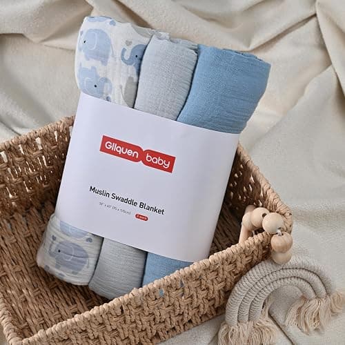 GLLQUEN BABY Muslin Swaddle Blankets,3-Pack Receiving Blanket for Newborn Boys and Girls,Baby Swaddle Blanket Unisex, Elephant,Baby Essentials, Registry & Gift, 40 x 38 inches thumbnail 2