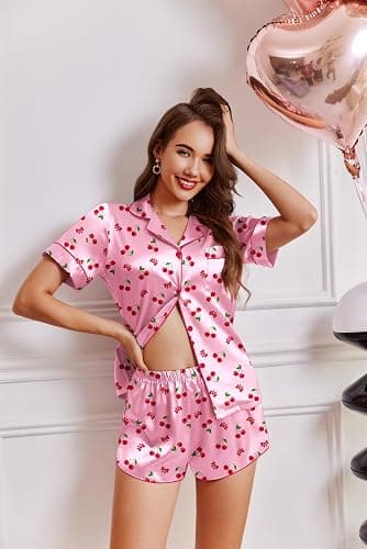 Ekouaer Womens Silk Satin Pajamas Short Sleeve PJS Shorts Set Soft Button Down Sleepwear 2 Piece Loungewear S-5XL thumbnail 2