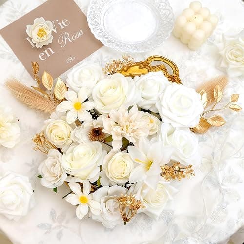 SwanMoon Artificial Flowers Combo Box Set, 33pcs Silk Roses & White Peony with Stems for DIY Wedding Bouquets, Baby Shower, Party Centerpieces & Home Decor thumbnail 7