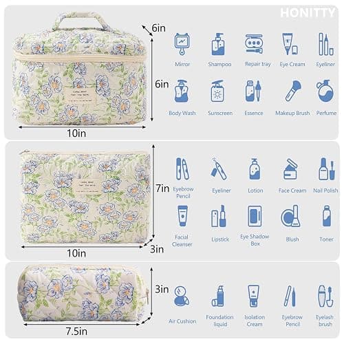 Makeup Bag,Quilted Cosmetic Bags,Large Floral Make Up Organize bag,Makeup Bag Set for Women,Flower Travel Toiletry Bag thumbnail 2