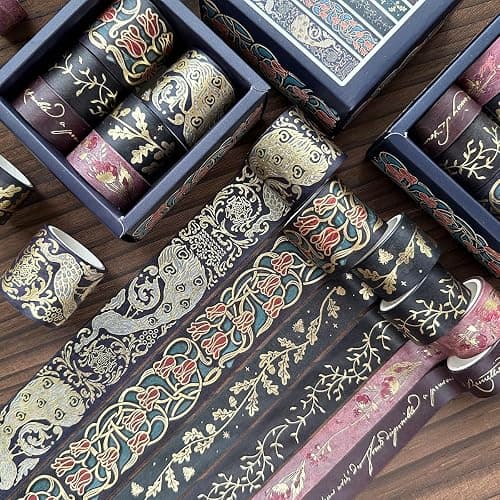 YUBX Vintage Washi Tape Set 6 Rolls Wide Retro Decorative Gold Foil Antique Patterns Masking Tapes for Arts, DIY Crafts, Journals, Planners, Scrapbook, Wrapping thumbnail 2