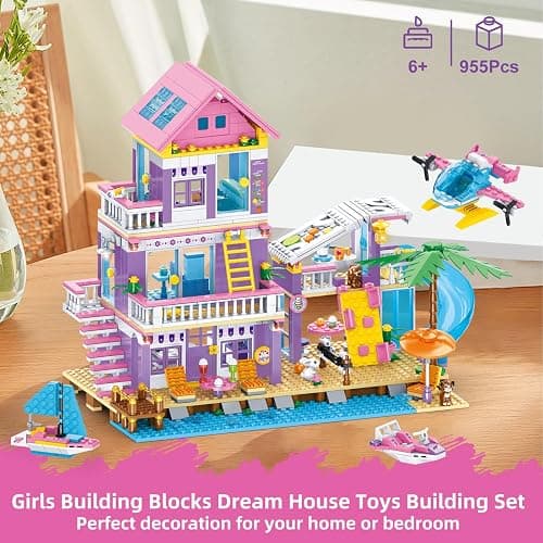 WINGIFT 955 Piece Beach House Building Set,Seaside Beach Villa Building Toys Friends Vacation Hut Blocks Set,STEM BuildingToys with Helicopter,Yacht,Sailboat,Christmas Birthday Gift for Girl Age 6-12+ thumbnail 5
