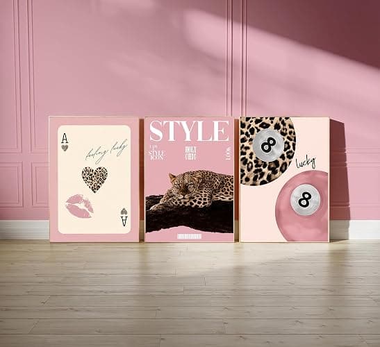 Set of 3 Trendy Pink Leopard Canvas Wall Art Funky Lucky 8 Ball Posters Prints Preppy Room Aesthetic Cheetah Wall Decor Pictures for Girls Bedroom Apartment Dorm Decoration Unframed thumbnail 4