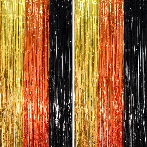 Voircoloria Black Gold Orange Fringe Backdrop Curtains,3.3x6.6ft, 2 Pack | Tinsel Streamers, Door Shimmer, For Baby Shower, Birthday Party Decorations, Graduations - Image 1