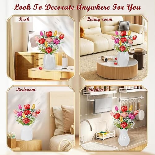 Rose Tulips Flowers Building Blocks Bouquet Set, Red Rose Artificial Flowers for Office or Home Decoration, Valentine's Day, Mother's Day, for Women, Adults, Kids, Girls, No Vase thumbnail 7