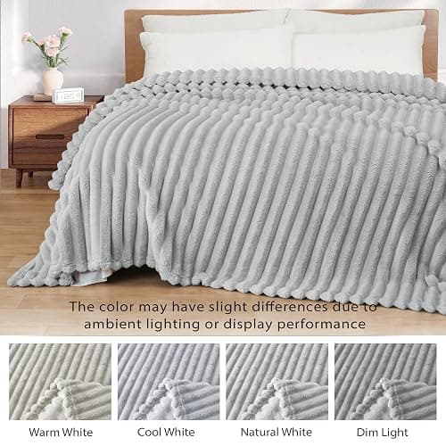 Exclusivo Mezcla Fleece Throw Blanket for Couch, Super Soft Striped Jacquard Bed Blanket, Lightweight Fuzzy Cozy for All Seasons, 50x60 Inches, Light Grey thumbnail 3