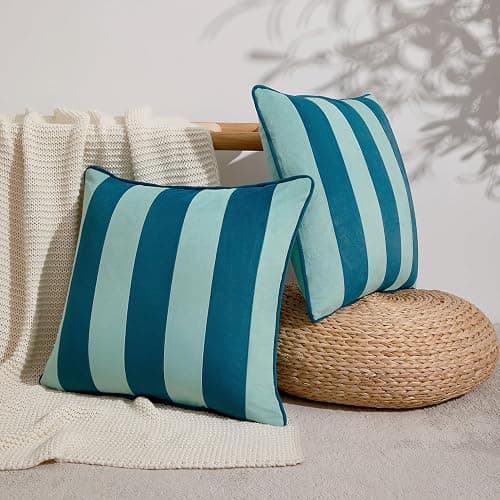 MONDAY MOOSE Decorative Throw Pillow Covers Cushion Cases, Set of 2 Soft Velvet Striped Piping Edge Designs, Pillow Inserts Not Included (16x16 inch, Blue/Light Blue) thumbnail 2