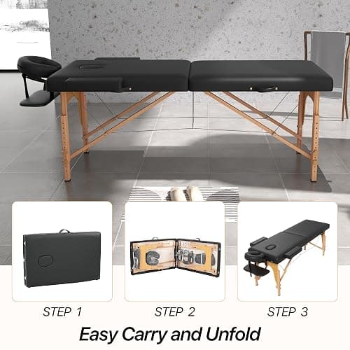 HENGJIANYI Massage Table, Portable 2 Section Foldable Tattoo Bed, Height Adjustable Lash Spa Bed with Face Cradle, Home Light Weight Facial Salon Bed with Wood Frame, Black thumbnail 9