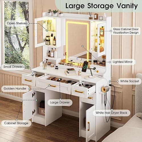 YBXGO White Makeup Vanity Table with LED Lighted Mirror | 3 Light Modes, Power Outlet, 6 Drawers & 4 Storage Cabinets, Modern Dressing Desk for Bedroom thumbnail 5