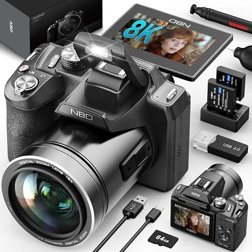 8K 64MP Digital Cameras for Photography - 16X Zoom Autofocus, WiFi, with 180° Flip Screen, 64G TF Card & 2 Batteries, Professional Camera for YouTube Vlogging Live Streaming (Black) - Image 1