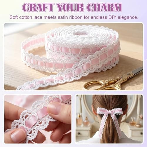 SmallCat 2 Yards Pink Lace Ribbon, Bow Lace for Crafts | Vintage Pink Laces, Stretch Laces Trim for Wrapping, Bouquet Packaging, DIY Crafts, Wedding Decorations, Party Decoration thumbnail 7