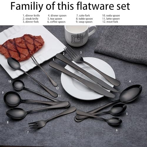 Berglander Black Titanium Plating Stainless Steel Steak Knives Heavy-Duty Stainless Steel Steak Knife Set of 6 for Chefs Commercial Kitchen Great For BBQ Weddings Dinners Parties All Homes & Kitchens - Black 6 steak knife thumbnail 4