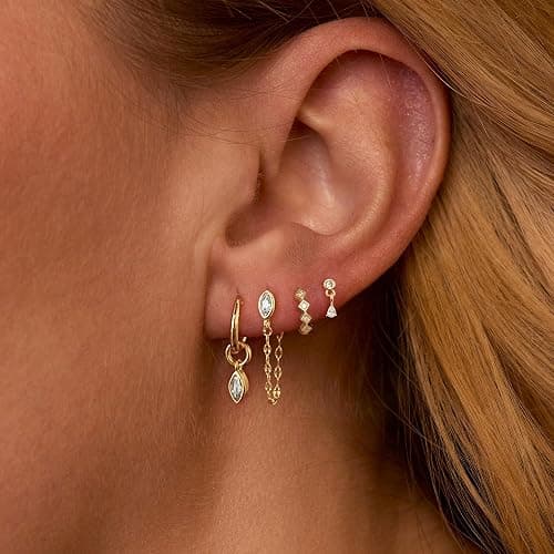 Voduim Gold Earrings for Women, Dainty Earring Stacks 14K Gold Plated Chain Earrings Cute Hypoallergenic Huggie Earrings for Women Trendy Unique Drop Hoop Earrings Stack Fashion Gold Jewelry Set thumbnail 7