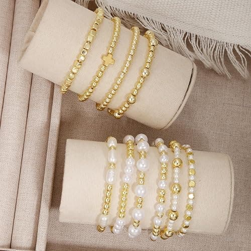 COLOYAN 10PCS Gold Bracelets for Women Stack, Cross Beaded Strand Bead Ball Stackable Gold Bracelet, Pearl Beaded Bracelets Elastic Bracelet Set thumbnail 7