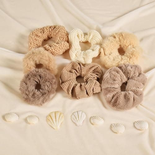 Yonchic 7-Piece Velvet Solid Elastic Hair Ties, Gentle Style Scrunchies for Women Long Thick Hair, No Damage Hair Scrunchies Rubber Bands Accessories (Khaki) thumbnail 5