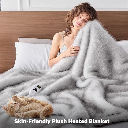 Faux Fur Heated Electric Blanket Throw, 50"X60" Heating Blanket Gifts for Women Mom Winter Warming Warm Luxury Super Cozy Fuzzy Heavy Plush Fluffy Decor, 10 Heat Levels 8H Auto Off,White thumbnail 4