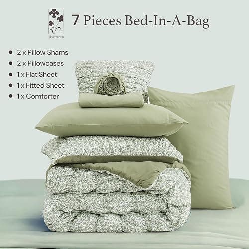 BLOOMHAVEN Twin XL Size Comforter Sets-5 Pieces Puff Sage Green Floral Bedding Set for All Seasons, Shabby Chic Farmhouse Bed in a Bag Twin XL with Floral Comforter, Sheets, Pillowcases & Shams thumbnail 9