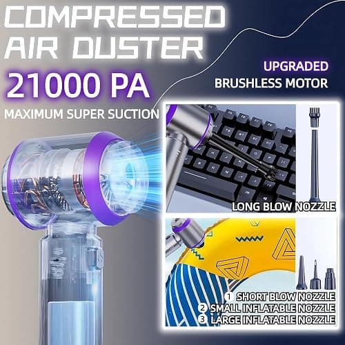 LYCVVVGS Handheld Car Vacuum Cleaner, 21000PA Rechargeable High Power Cordless Mini Vacuum Cleaner and Blower 4-in-1 with 3 Gear, Vacuum with Brushless Motor for Car, Home, Office, PC thumbnail 4