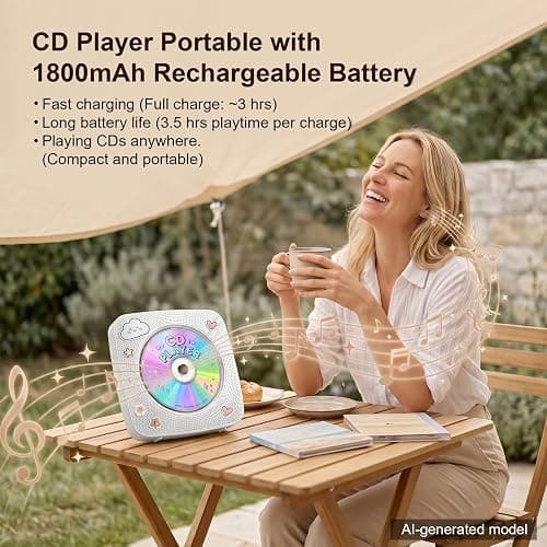 Gueray Portable CD Player Bluetooth: CD Players for Home Rechargeable Desktop Wall Portable CD Player with Bluetooth & Dual Speakers 1800mAh Boombox FM Radio USB Type-C MP3 Music Player thumbnail 2