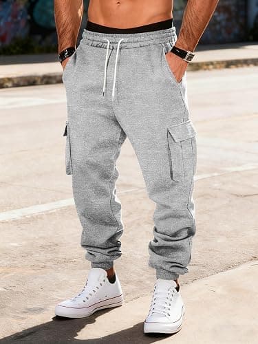 TRFIC Mens Fleece Cargo Sweatpants Heavyweight Elastic Waist Pants with Pockets Baggy Drawstring Jogger Pants thumbnail 5