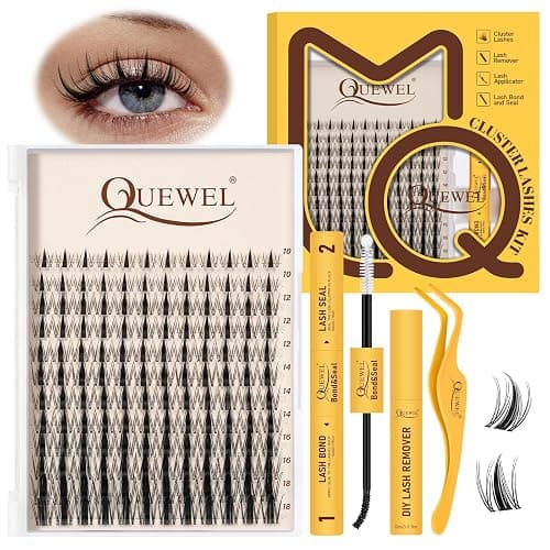 QUEWEL Lash Cluster Kit, 144pcs Cluster Lashes with Strong Hold Lash Bond and Seal Waterproof, Lashes tweezers and 5ml Eyelash Remover Easy to Use for DIY Eyelash Extensions at Home (BaBi Kit Style B) - Image 1