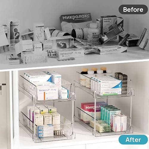 Vtopmart 2 Tier Bathroom Storage Organizer, 2 Pack Clear Under Sink Organizers Vanity Counter Container, Cabinet Drawers Bins, Pull-Out Organization with Track for Pantry, Kitchen thumbnail 6
