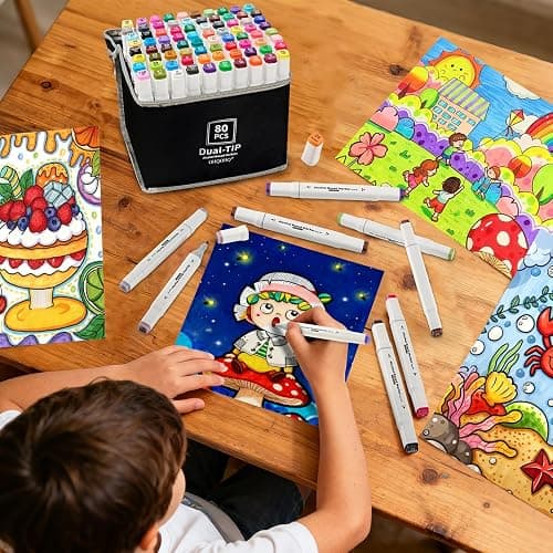 80 Colors Alcohol Markers Dual Tip Brush & Chisel Tips for Coloring Art | Alcohol based blendable ink, no bleed dual tip markers for adult coloring sketching drawing, safe for artists kids beginners thumbnail 6