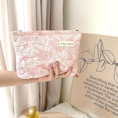 Sminra Makeup Bag Cosmetic bag Preppy Canvas Toiletry Bag for women Cute zipper pouch Organizer Travel accessories (Pink Big Flowers, Large) - Large - Pink Big Flowers thumbnail 2
