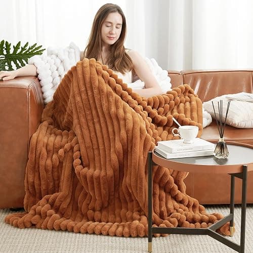Amélie Home Faux Fur Throw Blanket for Couch, Cozy Fuzzy Fluffy Fur Luxurious Soft Striped Plush Gift Blankets for Family Sofa Chair Bedroom, 55"x70", Orange Brown thumbnail 2
