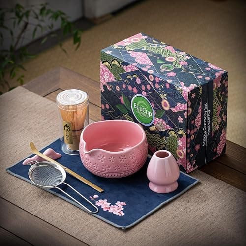 Buucup Matcha Whisk Set, Ceramic Matcha Kit Set Includes Matcha Bowl, Matcha Whisk and Holder, Bamboo Scoop, Scoop Rest, Sifter and Tea Towel - 7 Pcs Matcha Kit for Matcha Lovers (Pink) thumbnail 2