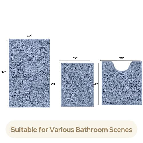 HOMEIDEAS 3 Pieces Bathroom Rugs, Ultra Soft Non Slip Absorbent Chenille Toilet Bath Mat Set (Grey Blue) thumbnail 7